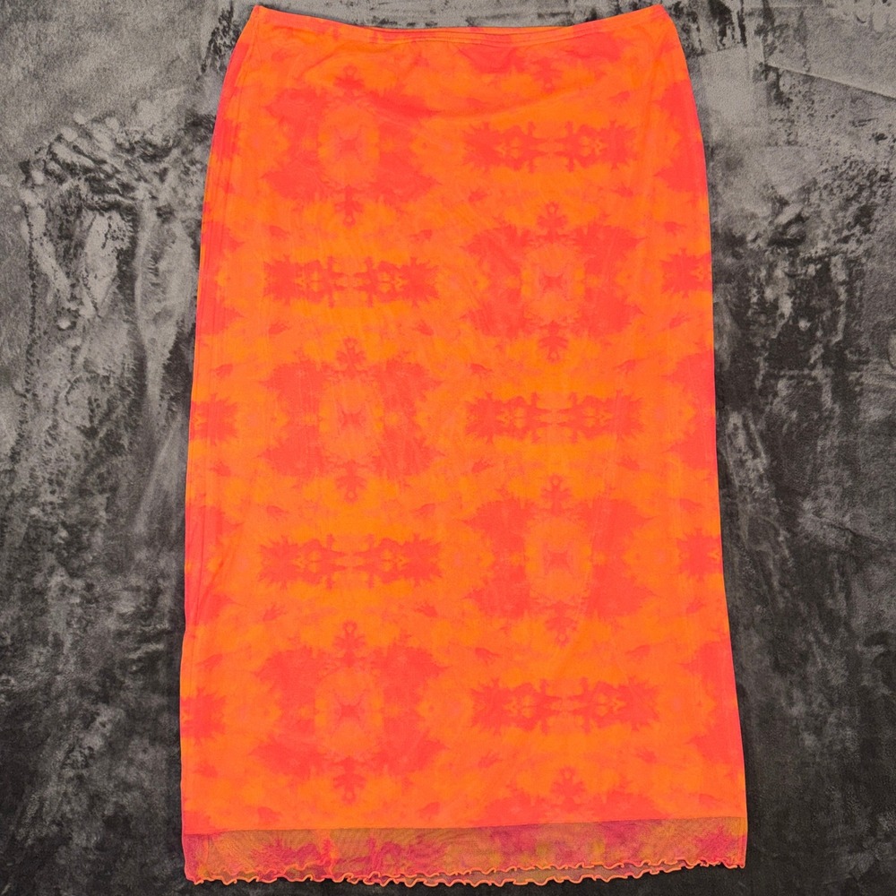 Giorgio Fiorlini Orange Red Tie Dye Mesh Maxi Skirt XL Lettuce Edge Column Skirt - Picture 1 of 10